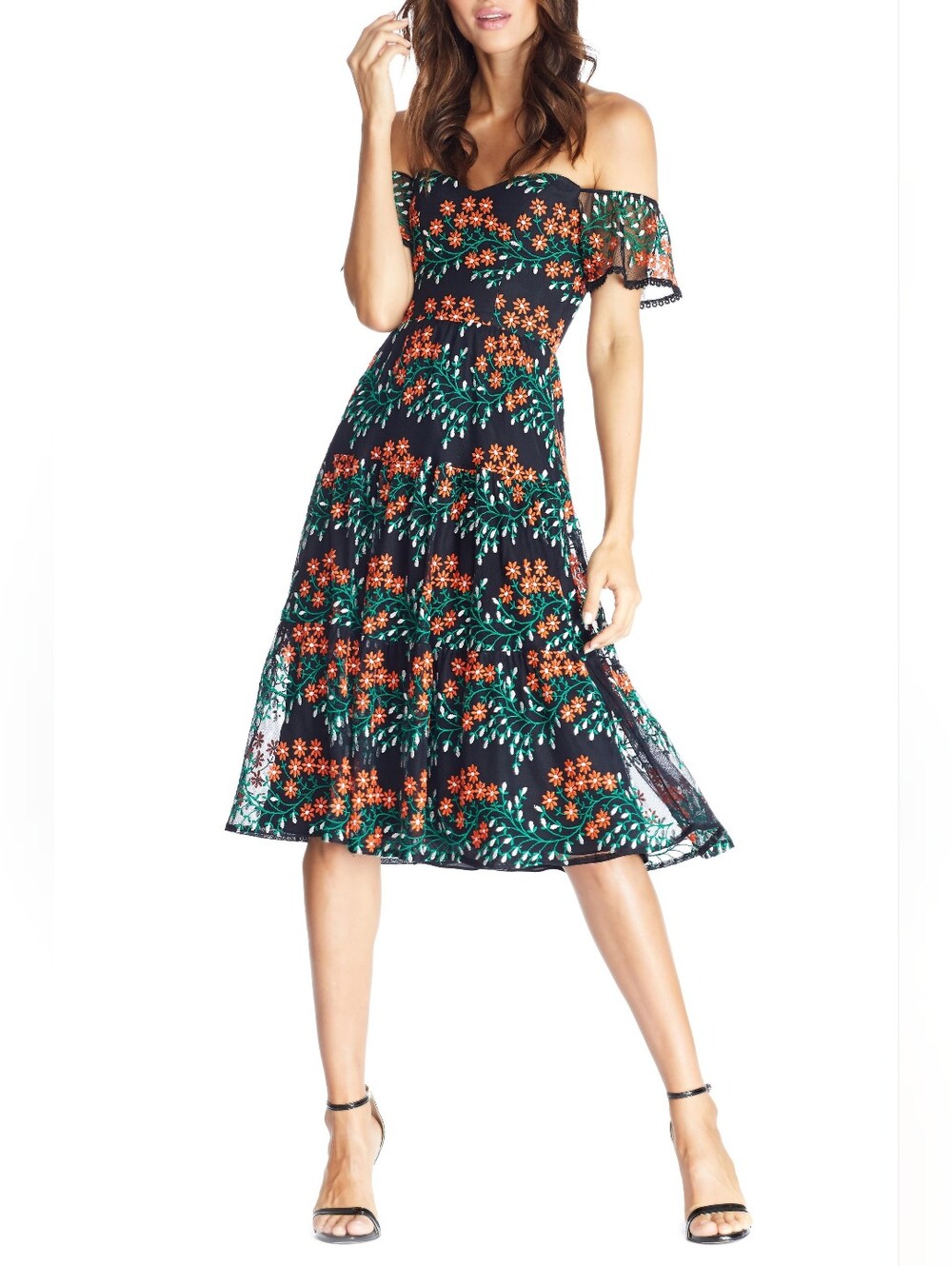 Dress the Population Black Midi Dress with Coral Floral Print